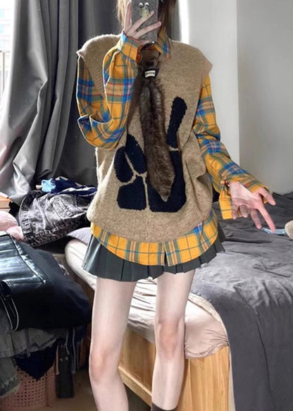 Modern Yellow Plaid Knit Vest And Shirts Two Pieces Set Spring TN046