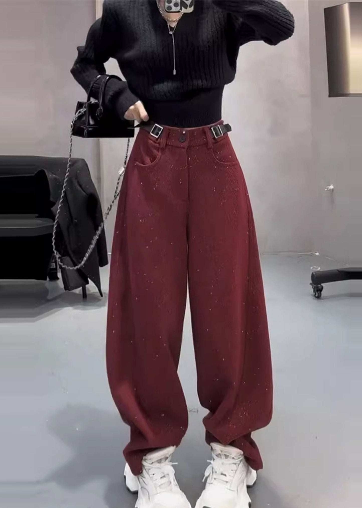 Mulberry Woolen Warm Fleece Wide Leg Pants Sequins Spring YK033