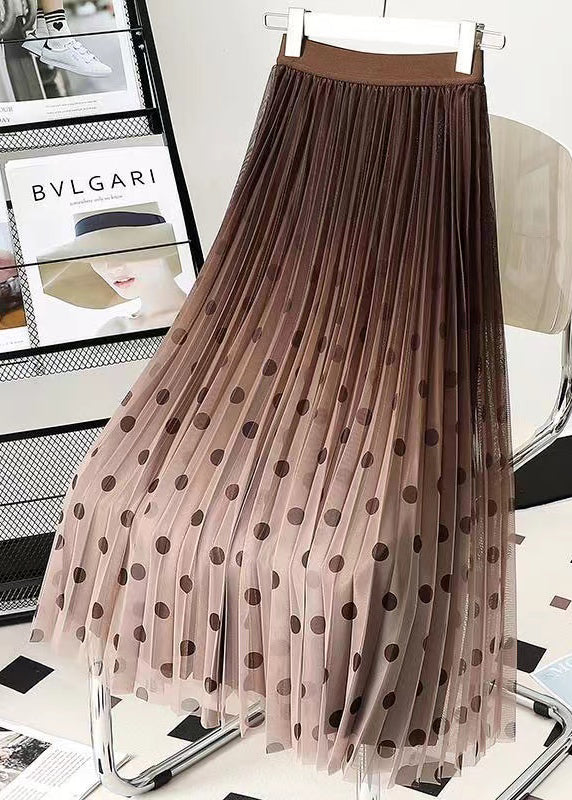 Natural Black Coffee Gradient Dot Print Tulle Pleated Skirt Spring QQ1066