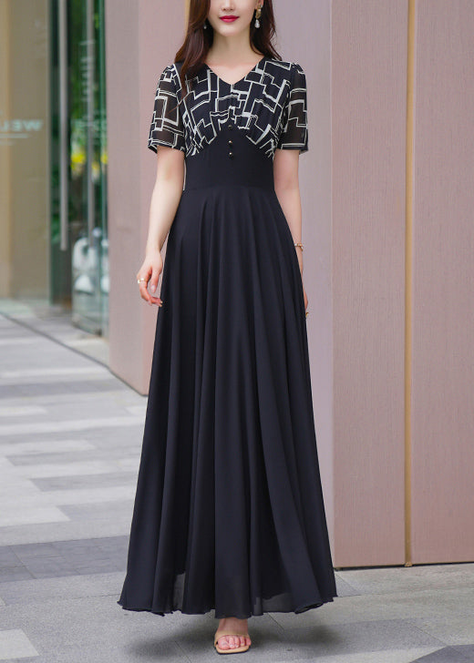 Chiffon Dresses Patchwork Summer Long Black Natural V Neck