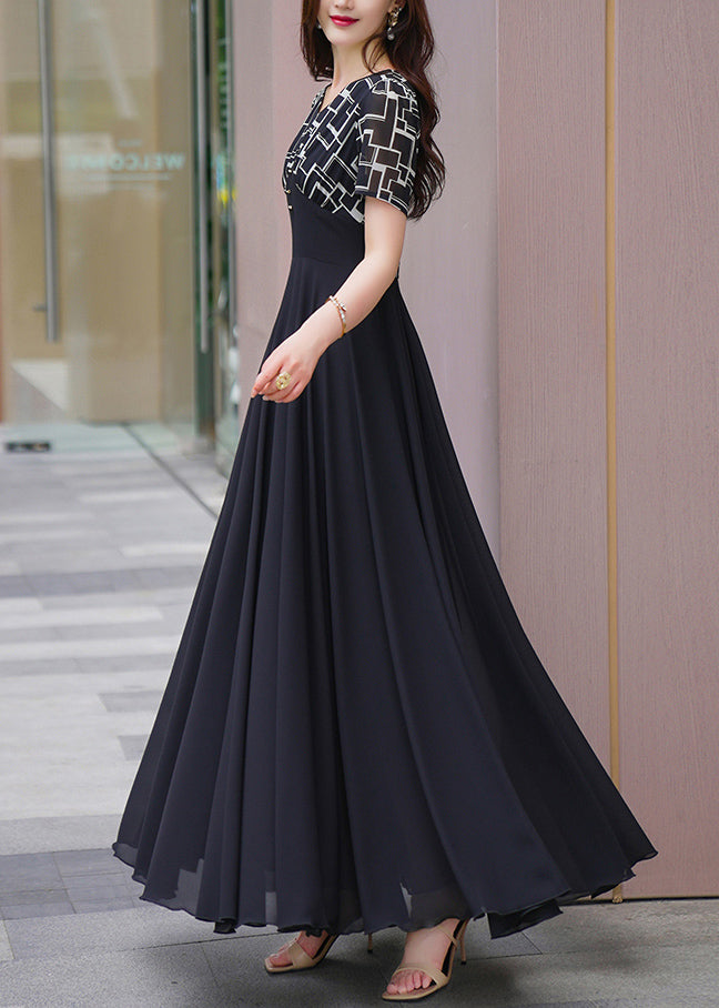 Chiffon Dresses Patchwork Summer Long Black Natural V Neck