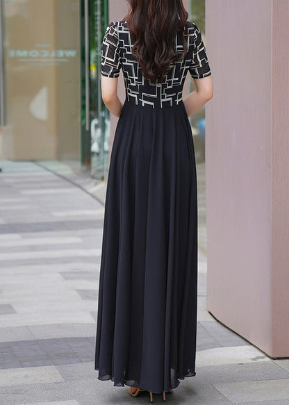 Chiffon Dresses Patchwork Summer Long Black Natural V Neck
