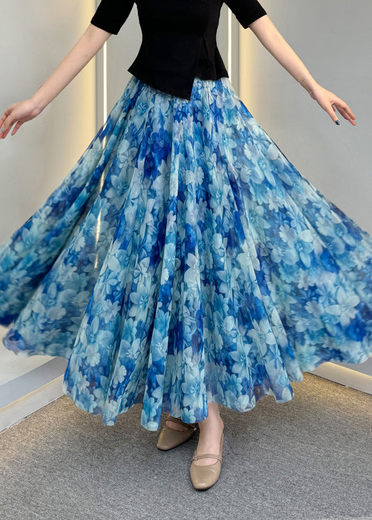 Natural Waist Blue Tulle Print Elastic Skirts Summer A Line