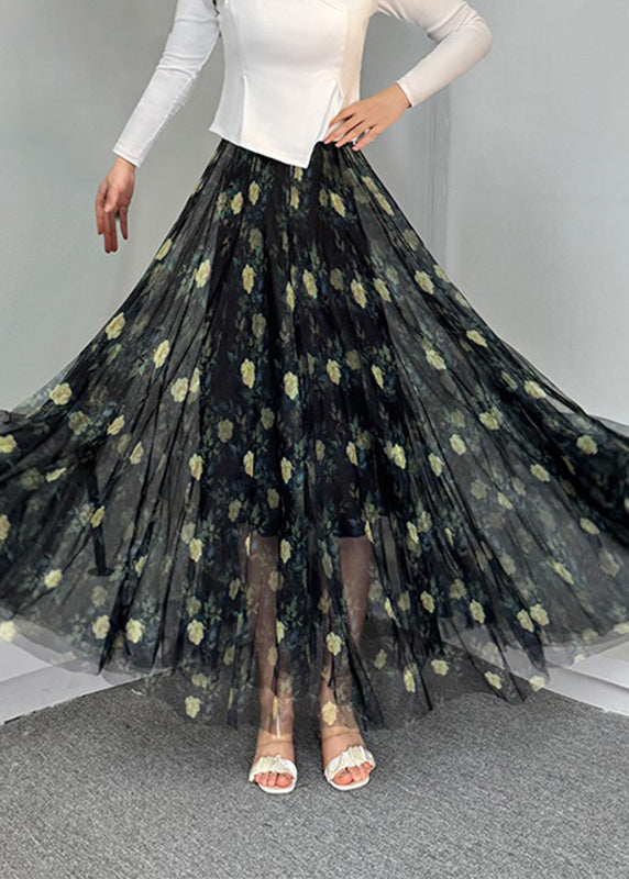 Natural Waist Blue Tulle Print Elastic Skirts Summer A Line