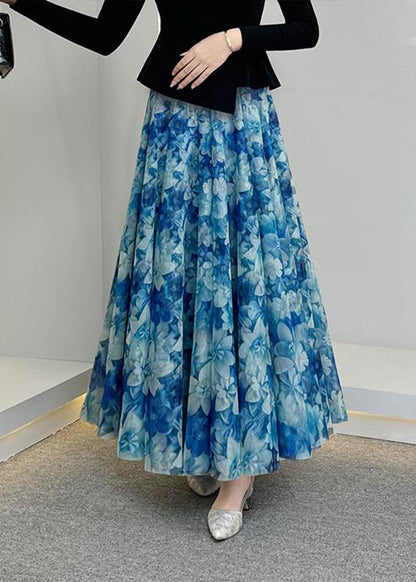 Natural Waist Blue Tulle Print Elastic Skirts Summer A Line