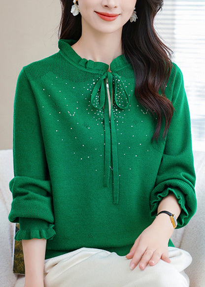 Natural Coffee Ruffled Tie Lace Thick Cotton Knit Sweater Puff Sleeve TE030