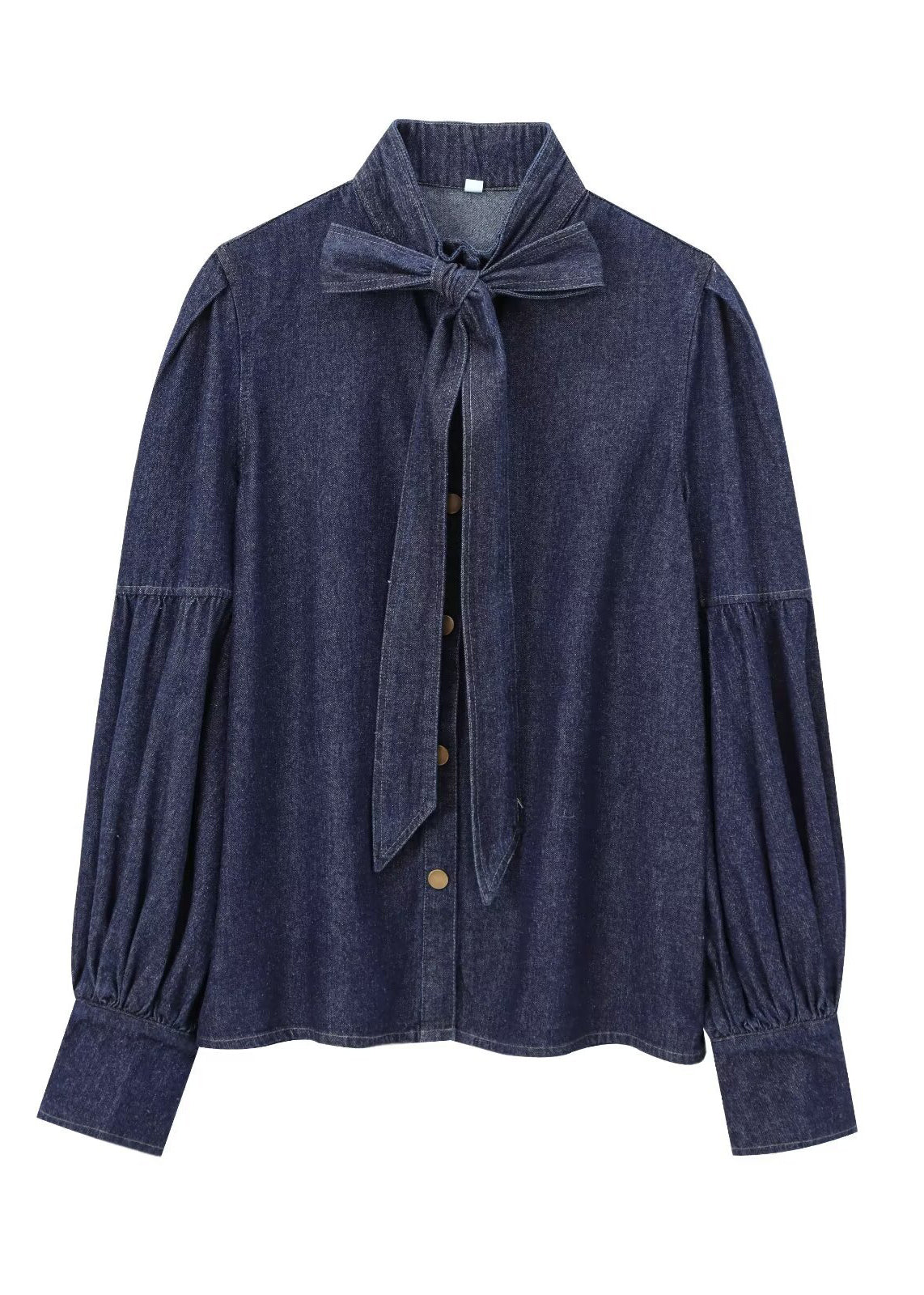 Shirt Natural Spring Dark Denim Stand Bow Blue Patchwork Collar