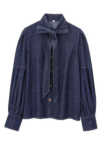 Shirt Natural Spring Dark Denim Stand Bow Blue Patchwork Collar
