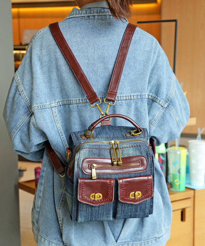 Natural Denim Blue Patchwork Canvas Backpack Bag MM033