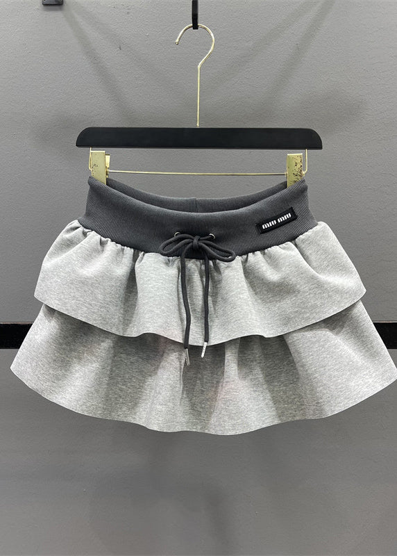 Elastic Natural Drawstring Line Waist Skirts A Grey