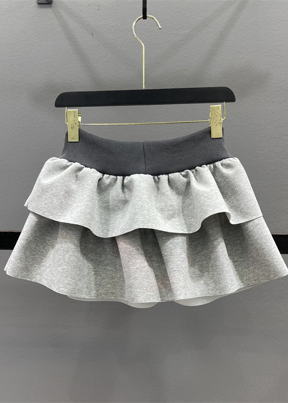 Elastic Natural Drawstring Line Waist Skirts A Grey