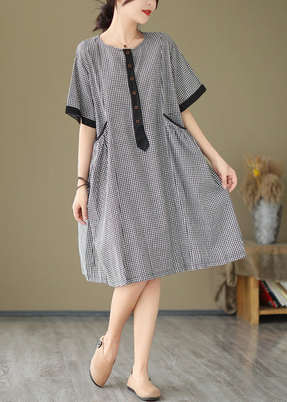 Natural O Neck Big Plaid Pockets Loose Cotton Dress Summer AP076