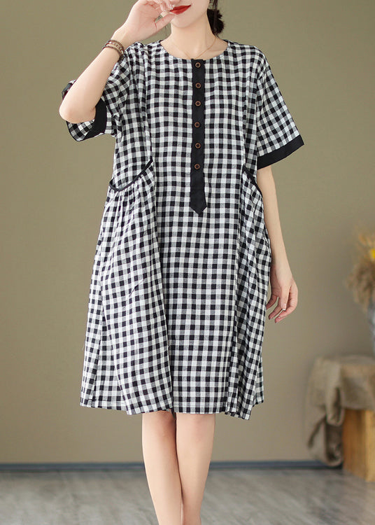 Natural O Neck Big Plaid Pockets Loose Cotton Dress Summer AP076