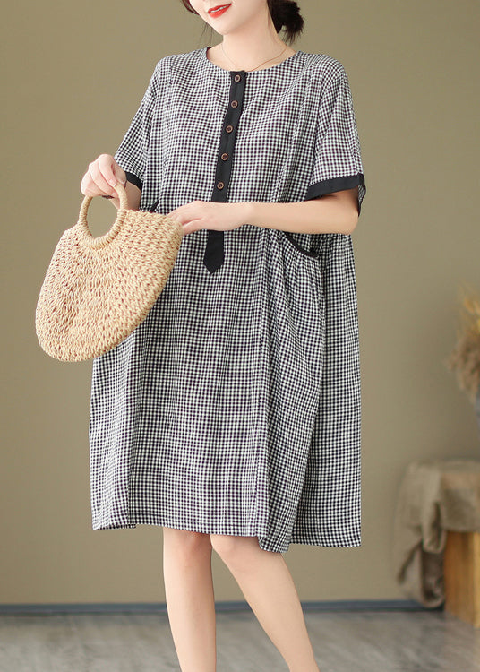 Natural O Neck Big Plaid Pockets Loose Cotton Dress Summer AP076