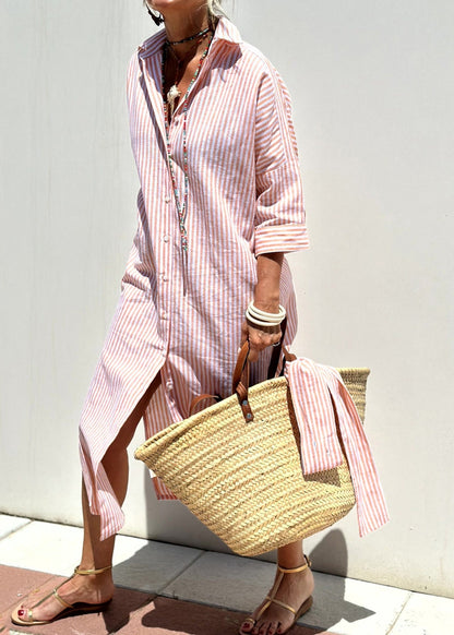 Button Natural Striped Maxi Pink Open Collar Side Peter Pan