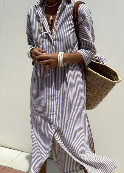 Button Natural Striped Maxi Pink Open Collar Side Peter Pan