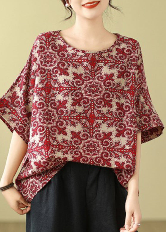 Natural Sleeve Print Short Shirts Red T Loose