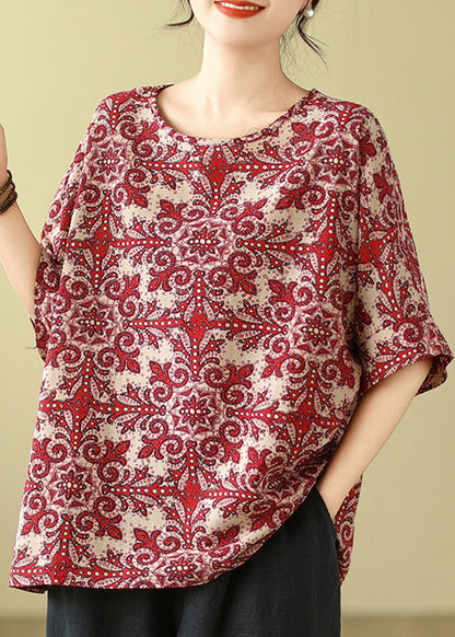 Natural Sleeve Print Short Shirts Red T Loose