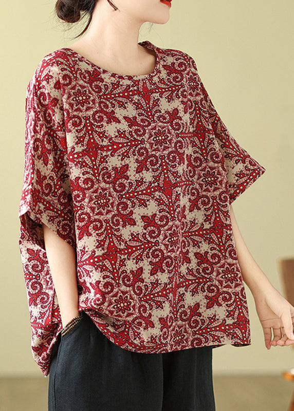 Natural Sleeve Print Short Shirts Red T Loose