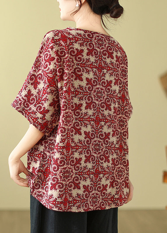 Natural Sleeve Print Short Shirts Red T Loose