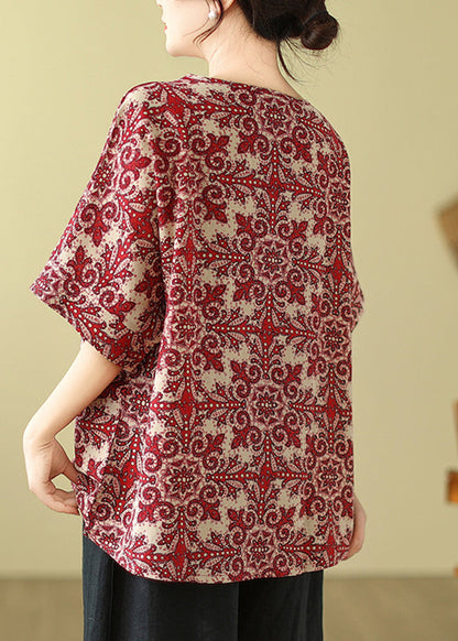 Natural Sleeve Print Short Shirts Red T Loose