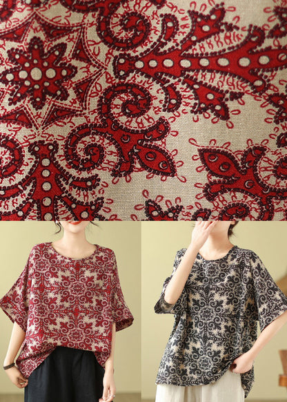 Natural Sleeve Print Short Shirts Red T Loose