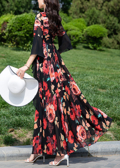 Natural Red V Neck Ruffled Print Chiffon Vacation Dresses Summer XX063