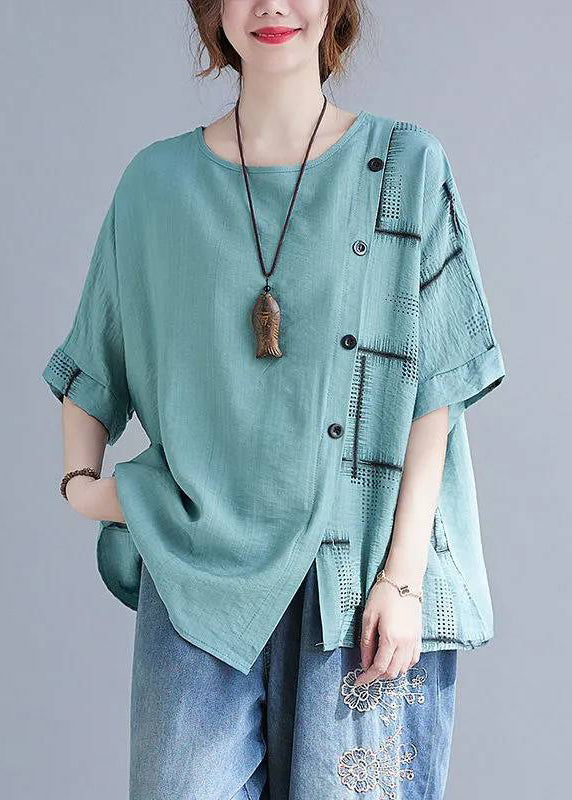 Turquoise Summer Natural Asymmetrical Plaid Tops