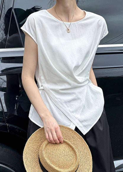 Wrinkled Natural Summer O-Neck Top White