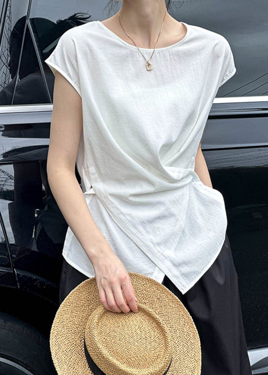 Wrinkled Natural Summer O-Neck Top White