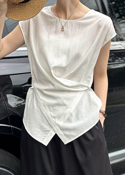 Wrinkled Natural Summer O-Neck Top White