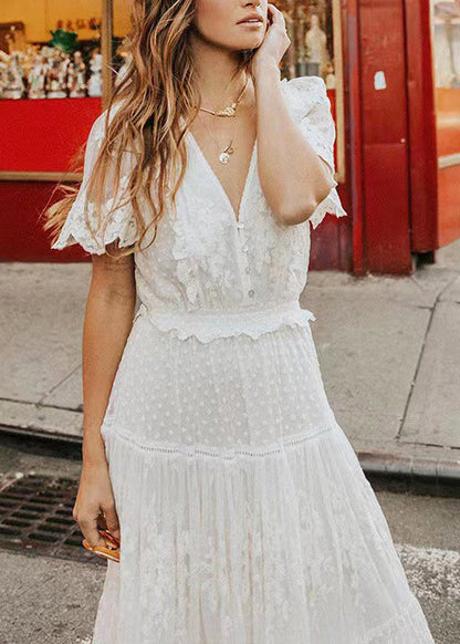 V Natural Jacquard Lace Summer Neck Robe Dresses White