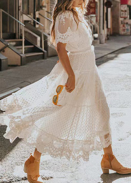 V Natural Jacquard Lace Summer Neck Robe Dresses White