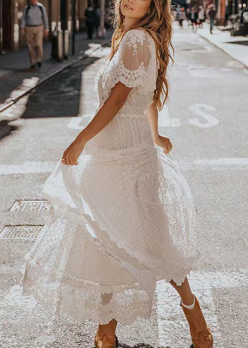V Natural Jacquard Lace Summer Neck Robe Dresses White