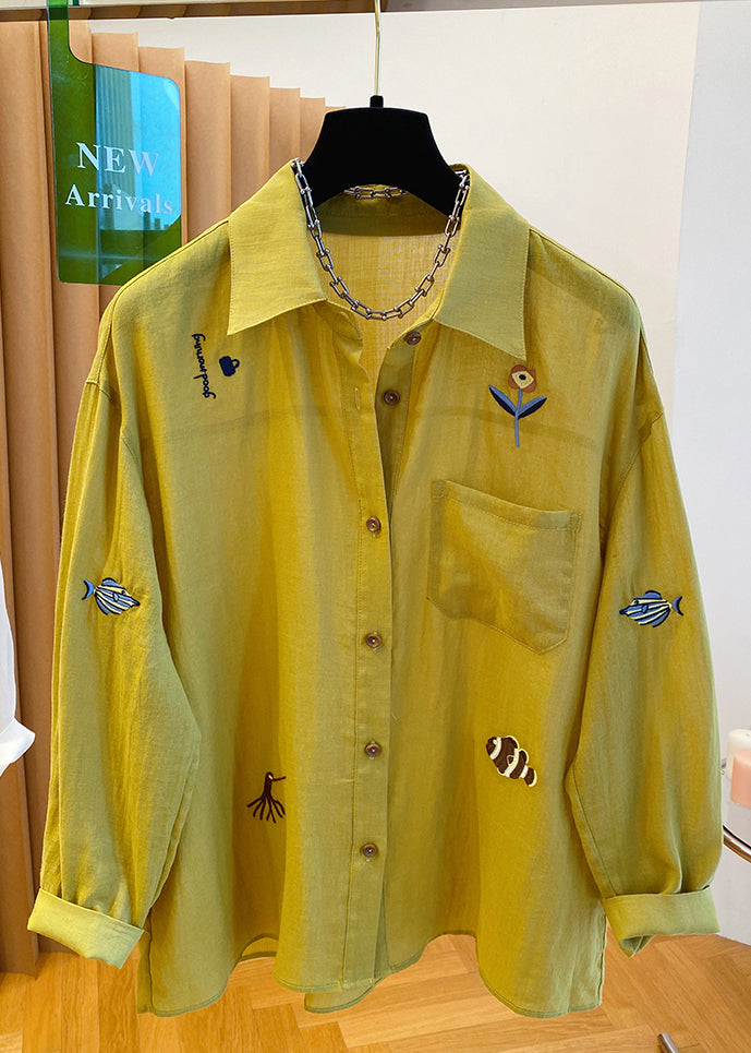 Peter Shirt Yellow Collar Natural Cotton Pan Embroidered Tops