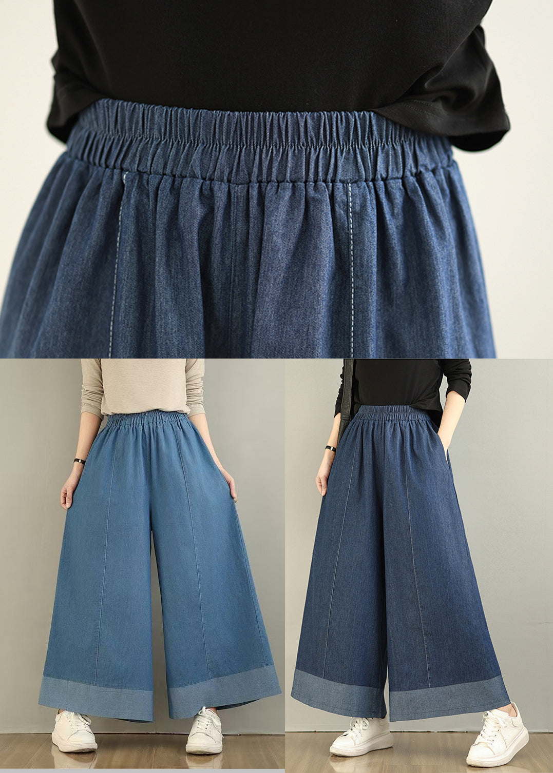 Denim Patchwork Straight Oversized Summer Navy Pants