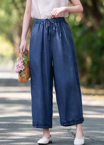 Elastic Linen Ruffled Pockets Waist Navy Crop Summer Pants