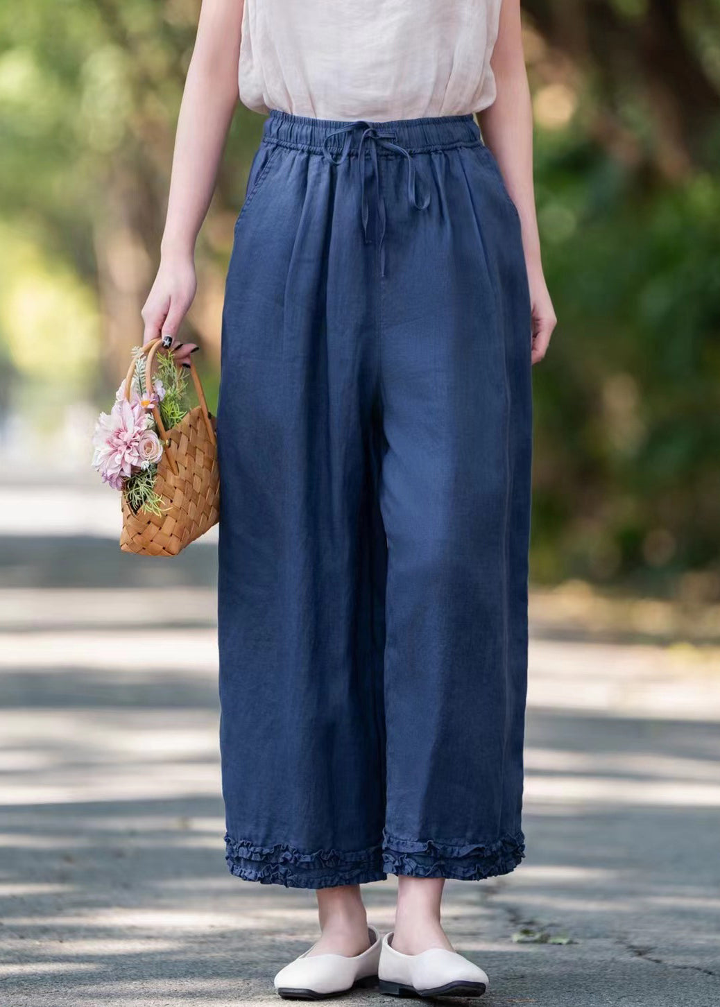 Elastic Linen Ruffled Pockets Waist Navy Crop Summer Pants