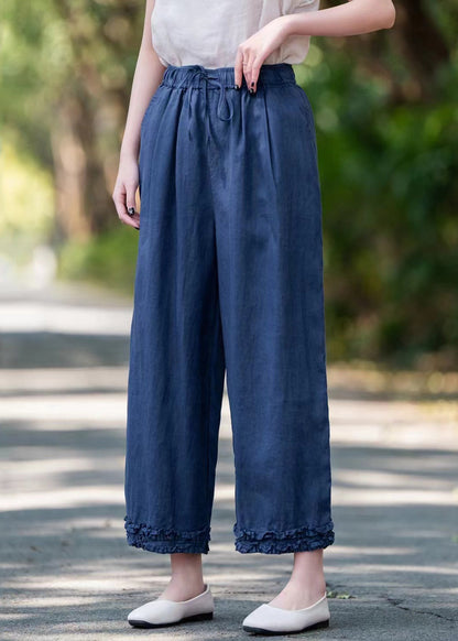 Elastic Linen Ruffled Pockets Waist Navy Crop Summer Pants