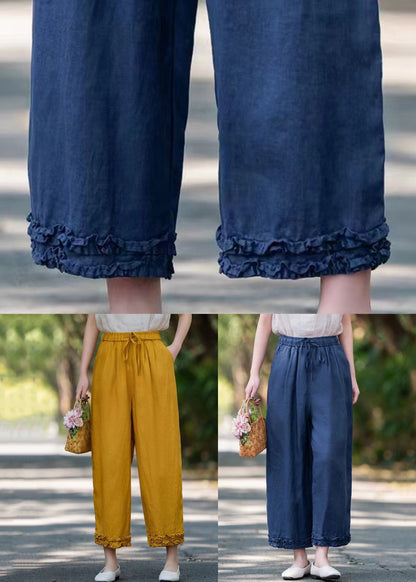 Elastic Linen Ruffled Pockets Waist Navy Crop Summer Pants