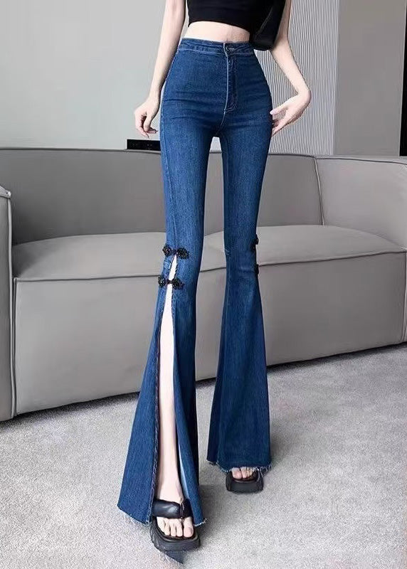 Navy Silm Fit Denim Bell-bottom Trousers Chinese Button Side Open Spring YF020