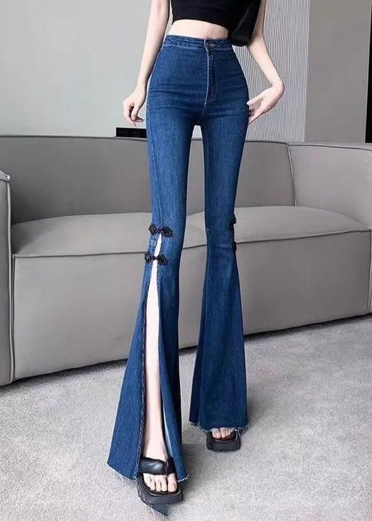 Navy Silm Fit Denim Bell-bottom Trousers Chinese Button Side Open Spring YF020
