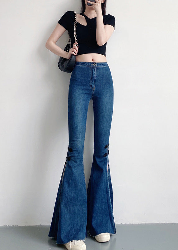 Navy Silm Fit Denim Bell-bottom Trousers Chinese Button Side Open Spring YF020