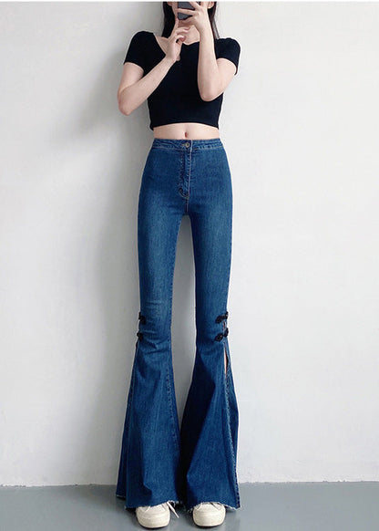 Navy Silm Fit Denim Bell-bottom Trousers Chinese Button Side Open Spring YF020