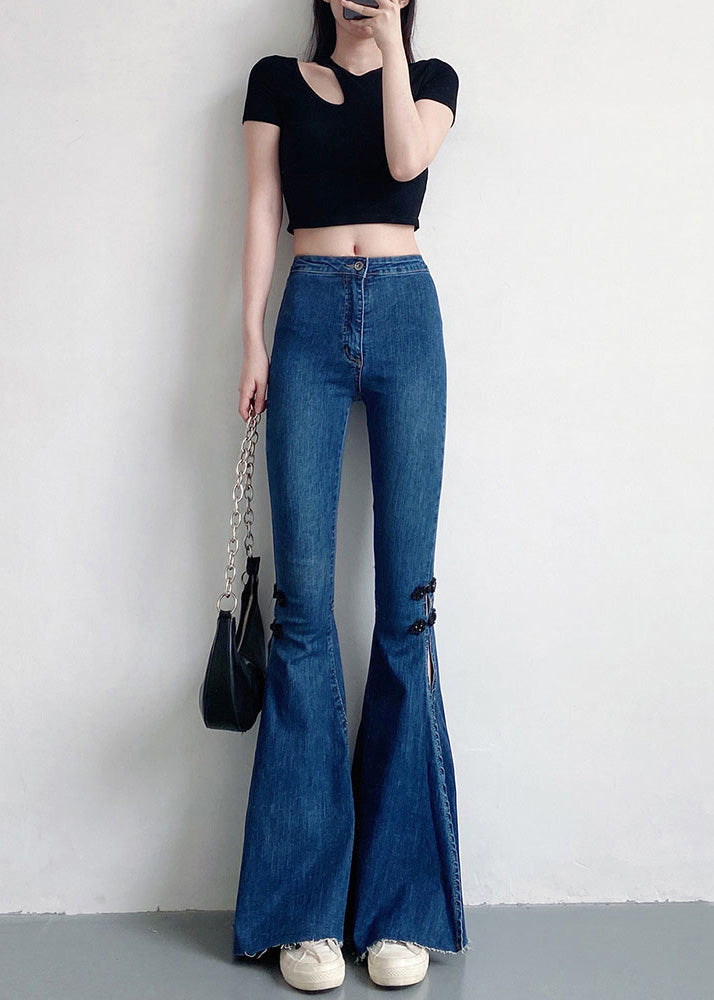 Navy Silm Fit Denim Bell-bottom Trousers Chinese Button Side Open Spring YF020