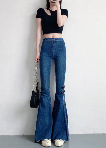 Navy Silm Fit Denim Bell-bottom Trousers Chinese Button Side Open Spring YF020