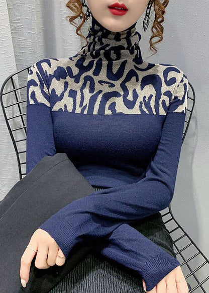 Spring Slim Cotton Navy Patchwork Top Fit Turtleneck