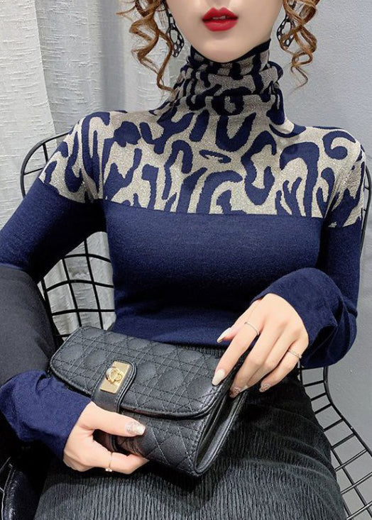 Spring Slim Cotton Navy Patchwork Top Fit Turtleneck
