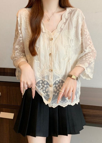 Cotton Embroidered Button Sleeve New Bracelet Shirts Apricot