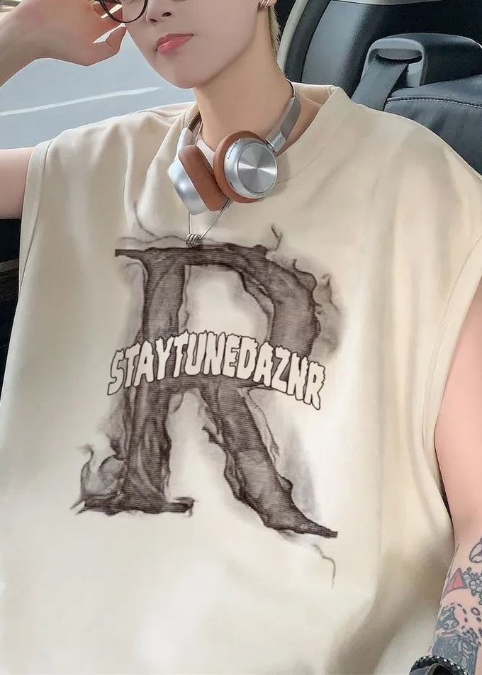 Print Tank Apricot Letter Men Sleeveless Cotton Oversized New